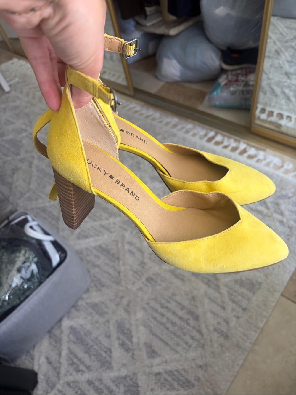Lucky Brand Bright Yellow Suede D'Orsay Ankle-Strap Block Heels
